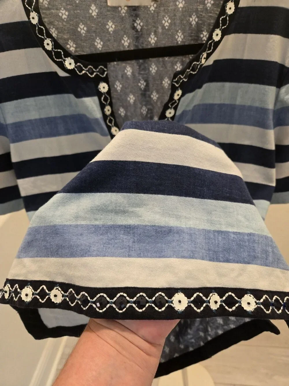 Tory Burch Navy and Light Blue Striped Embroidered Split-Neck Top